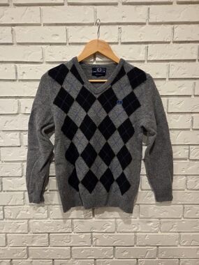 Fred Perry Grey V-Neck Sweater with Navy Argyle
